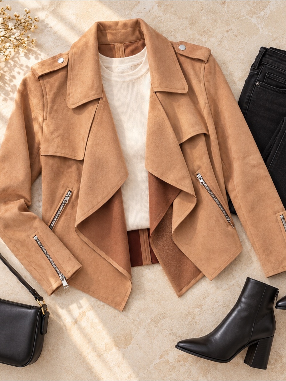 Haute Monde Tan Faux Suede Waterfall Moto Jacket Womens Small Stretch Zip Pocket